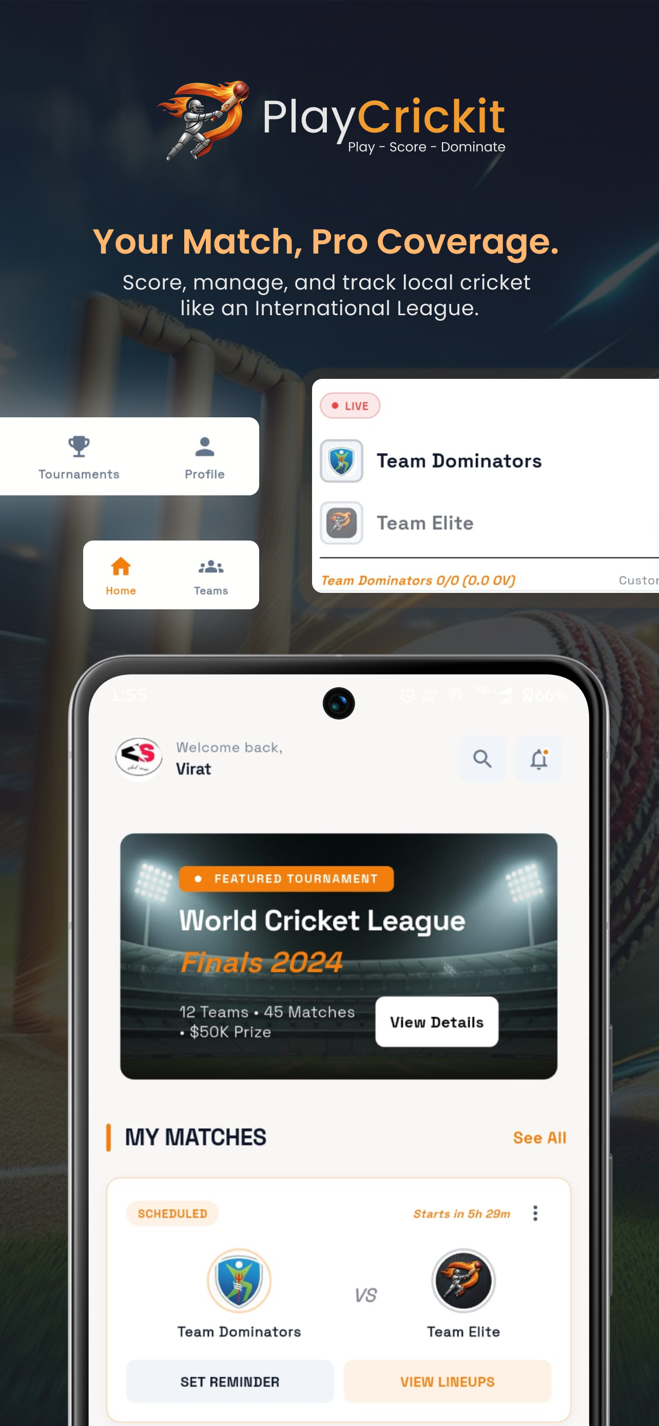 PlayCrickit — home, match setup, and live scoring